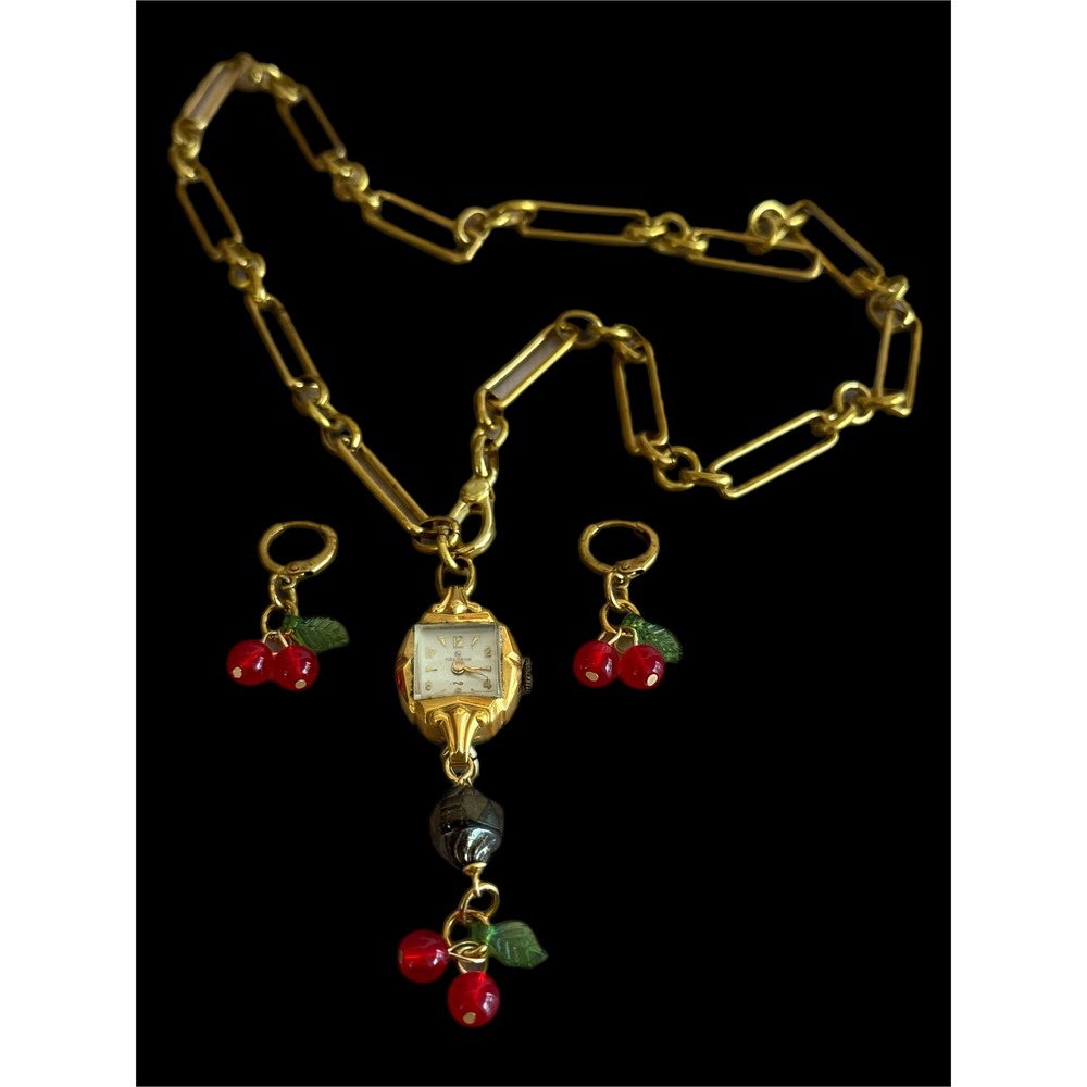 Victorian Raw Brass Necklace‎ w/ Vintage Watch & Cherry Earrings Set - Picture 2 of 7